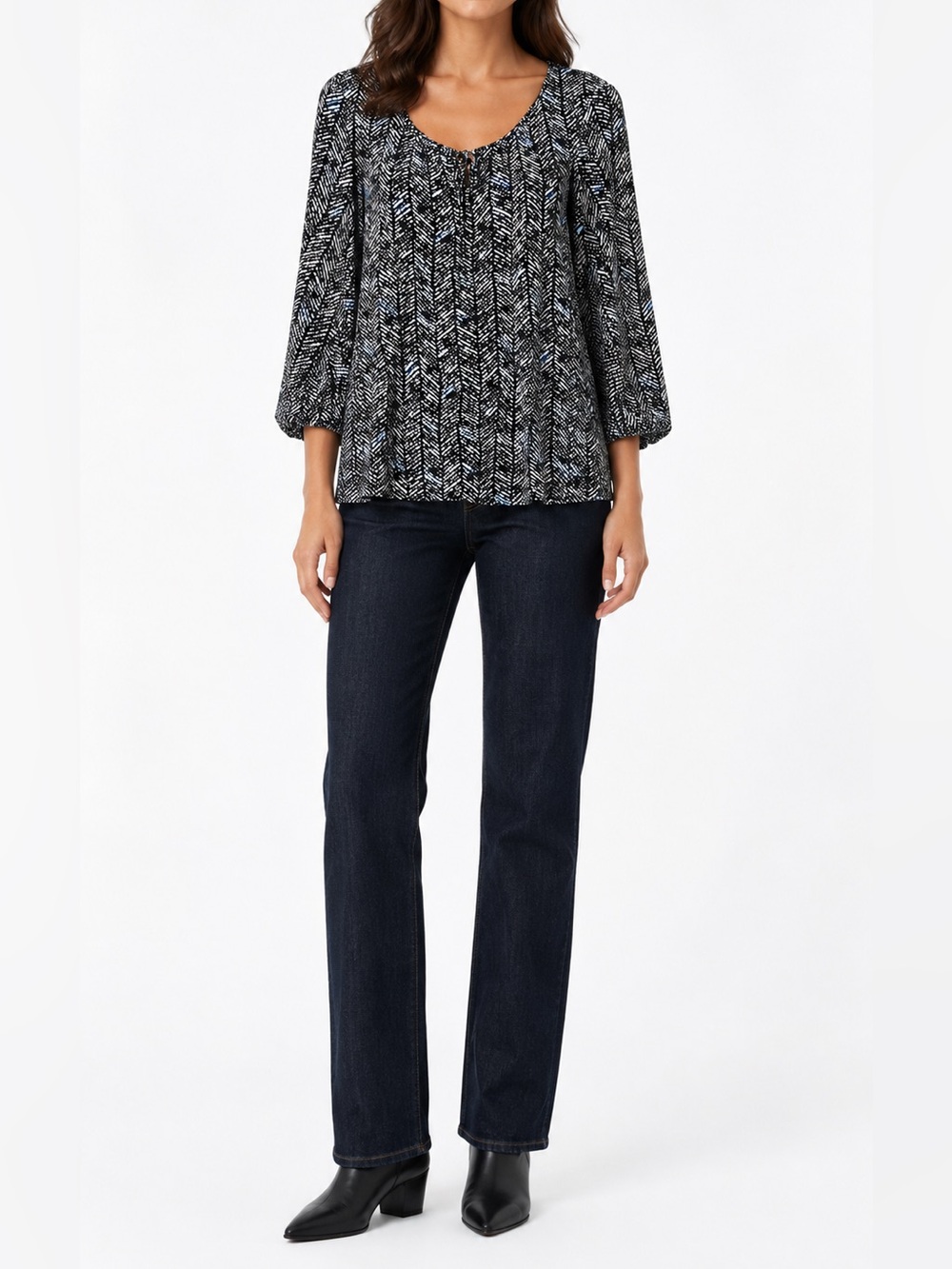SOYA CONCEPT 100% Viscose Geometric Black/Cobalt Print Boho Blouse 3/4 Sleeve